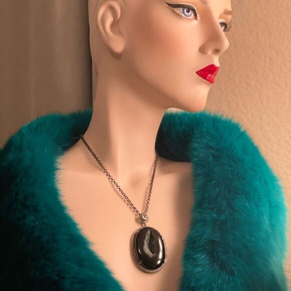 ♥️  Black Druzy Agate Pavé Diamonds White Topaz pendant necklace - Picture 5 of 14